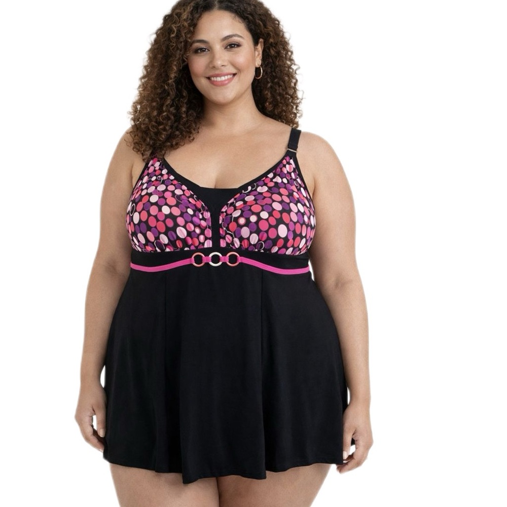 Swimsuits For all One Piece Swimdress black Pink polka dot Size 22 NWT